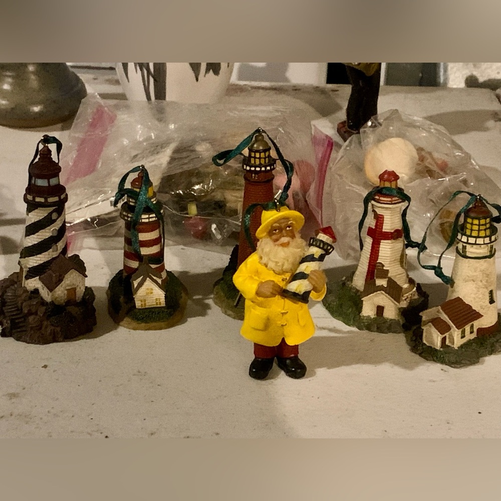 6 piece Lighthouse-Christmas ornaments, with Santa Claus holding a lighthouse.